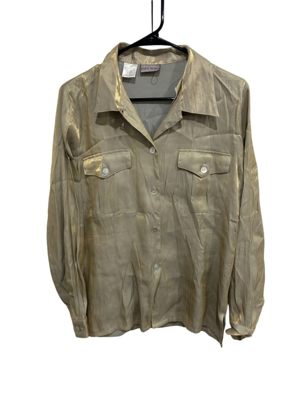 Bora Bora Button Front Shirt Gold Sz Medium Metallic Long Sleeve Shimmer Career